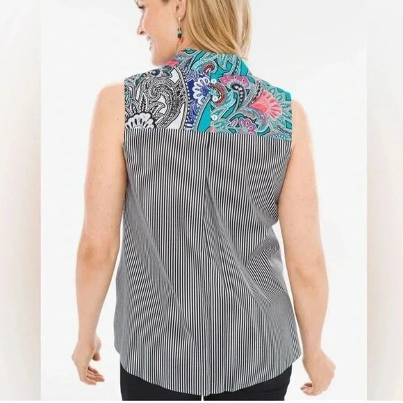 Chico's No-Iron Sleeveless Paisley and Stripes Button-Back Shirt Size 2.5 (L 14) - Picture 2 of 12